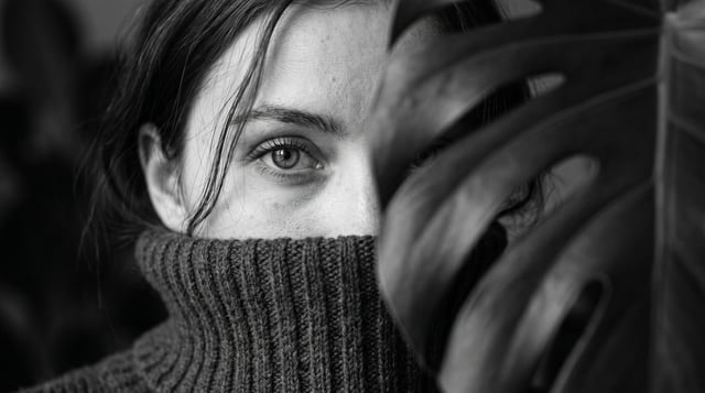 Intimate black and white editorial close up of a young woman partially concealed behind a high ribbe