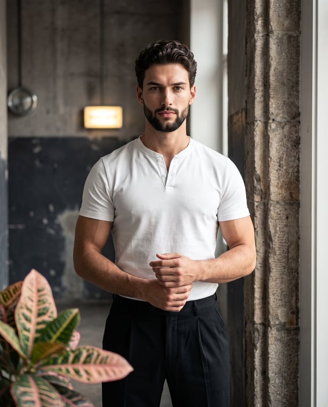 A portrait of a confident, muscular man standing perfectly centered and facing the camera straight o
