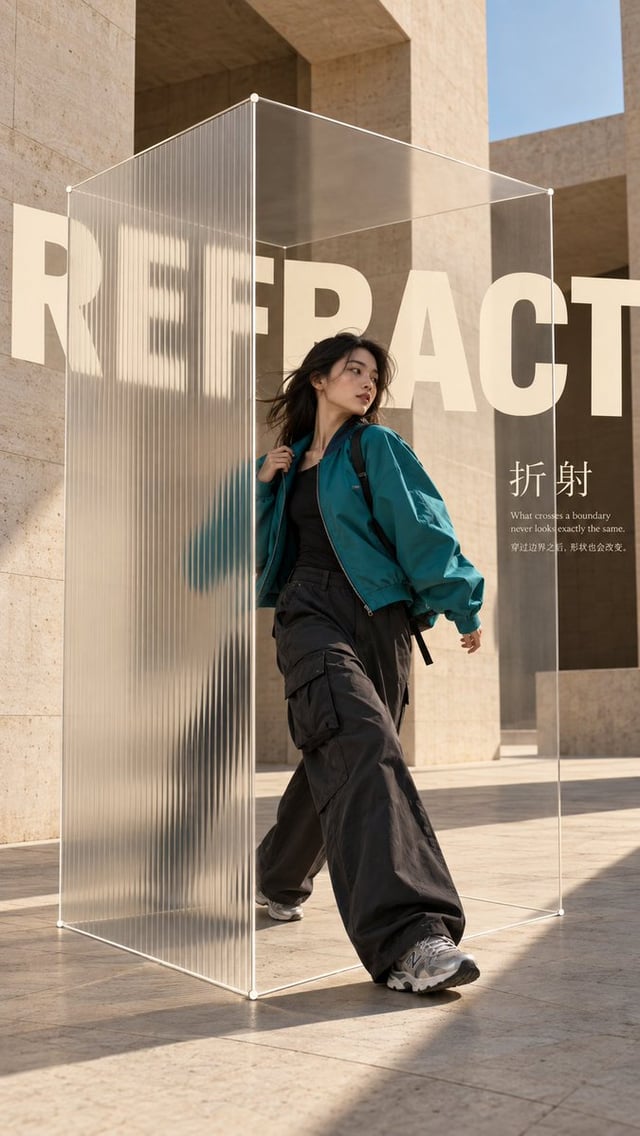 Create a 9:16 experimental fashion editorial poster with a realistic young adult subject inside a co