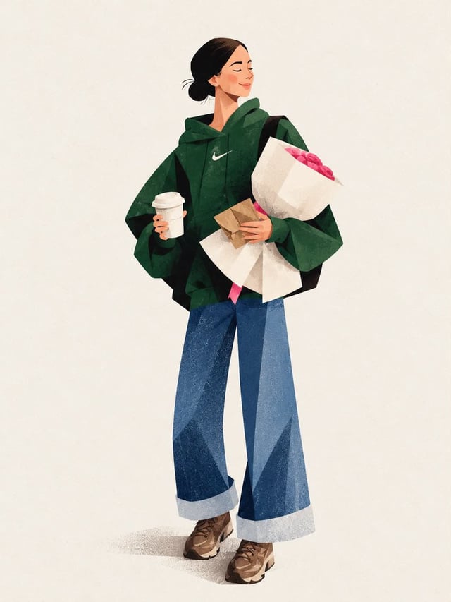 Create a stylish, full-body editorial fashion illustration of a young woman in a modern casual outfi