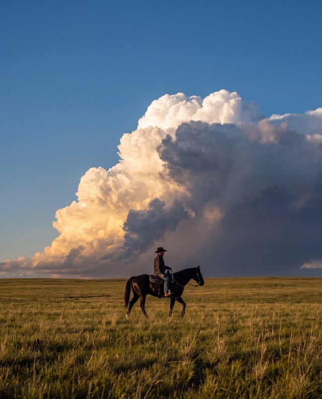 Vertical landscape photography, vast grassland horizon, a cowboy with black wide-brim hat riding a d