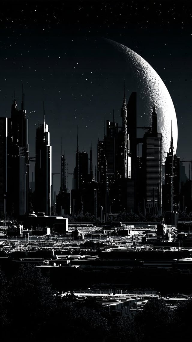 Pure black and white: night cities, moons, astronauts and lonely silhouettes, like a vintage sci-fi 