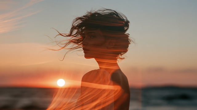 Portrait of Jennifer Lawrence, Kodak 35mm film, long exposure, motion, sunset, coast, creative golde