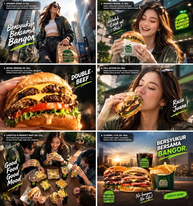 Create a 40-second vertical 9:16 cinematic fast-food commercial for BANGOR Burger, set in a modern N