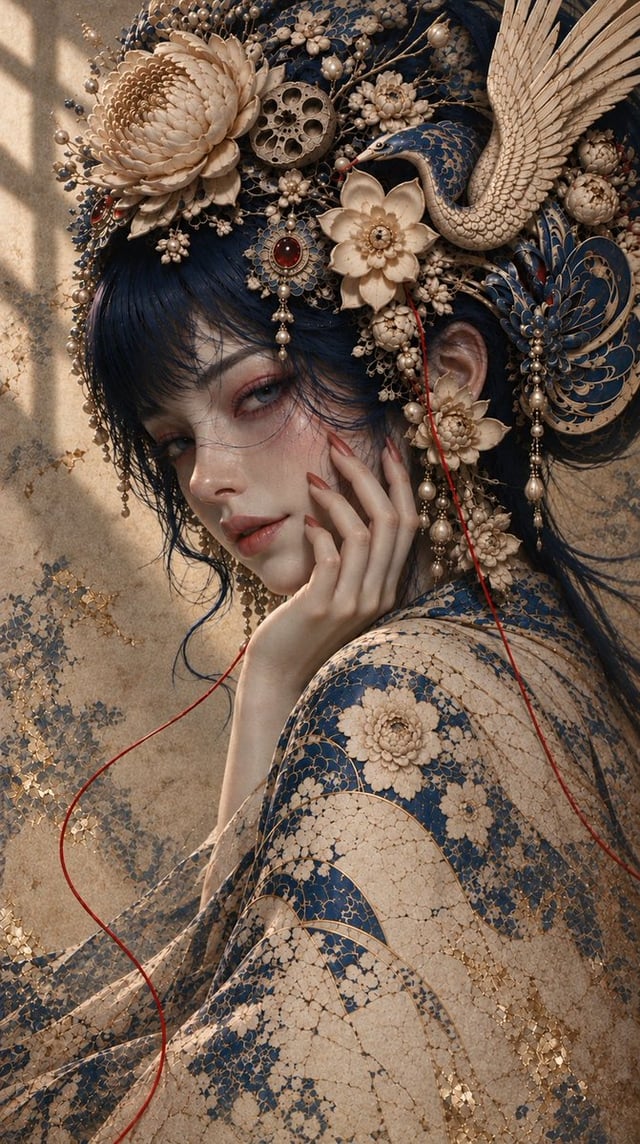 An extraordinarily beautiful, ethereal young East Asian woman, hauntingly delicate and melancholic b