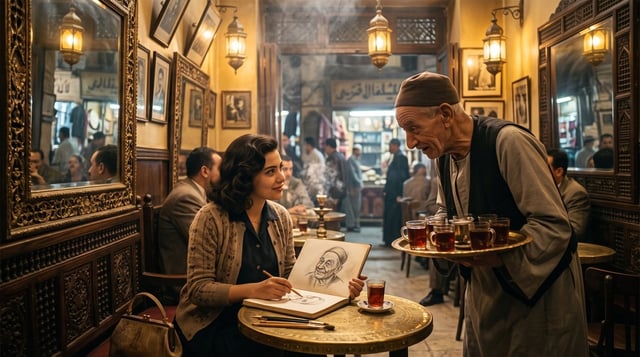El Fishawy café, Khan el-Khalili, Cairo, 1950, night. A young unveiled Egyptian woman artist sketche