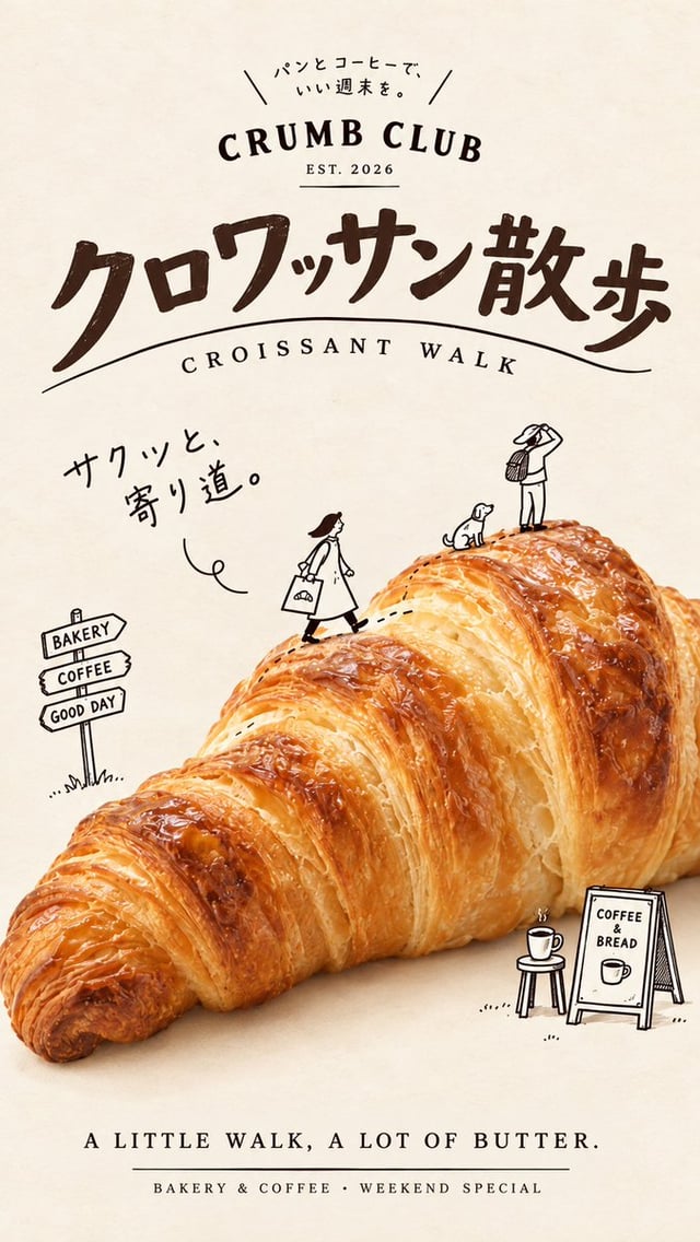 Create a charming Japanese-style bakery poster combining photorealistic food photography, playful ha