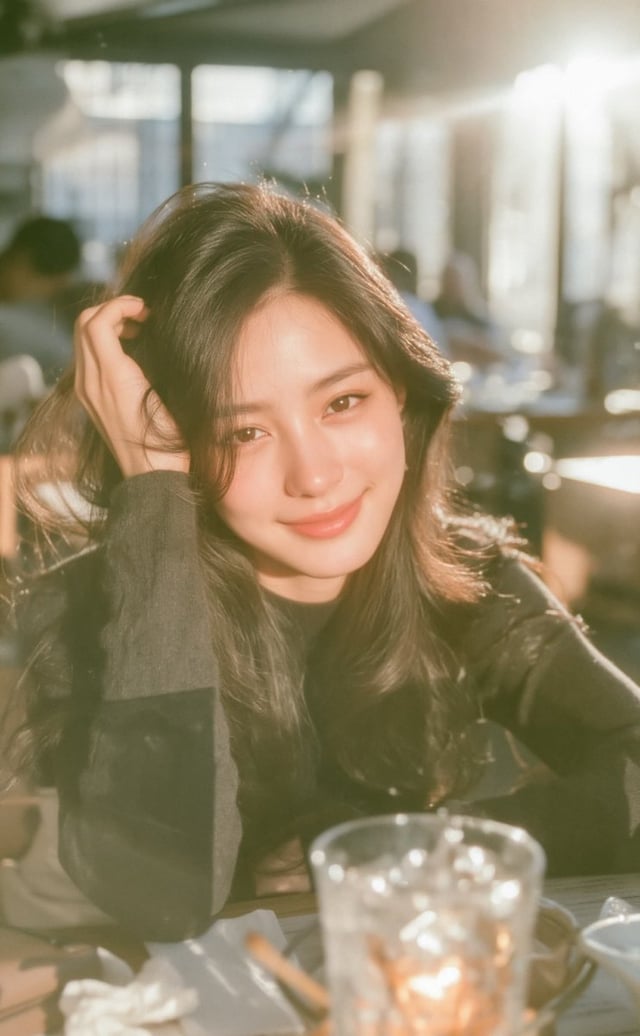 cinematic portrait of a lovely East Asian woman sitting relaxed at a sunlit restaurant table, warm a