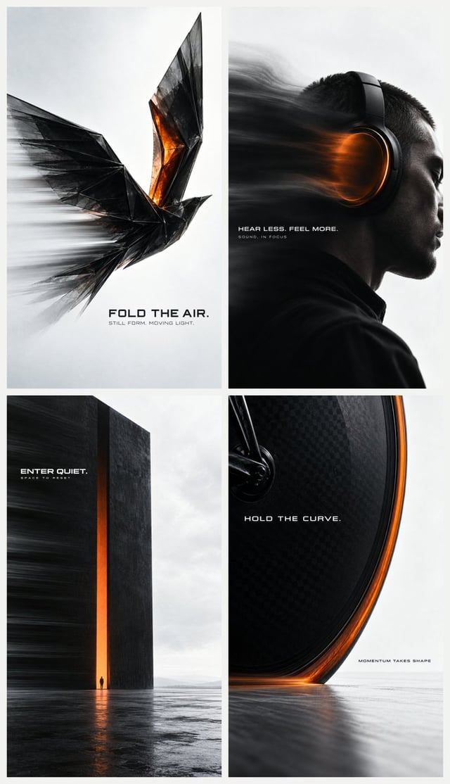 Premium editorial campaign poster, [Aspect Ratio]. Real photograph of [Subject], a near-black form a
