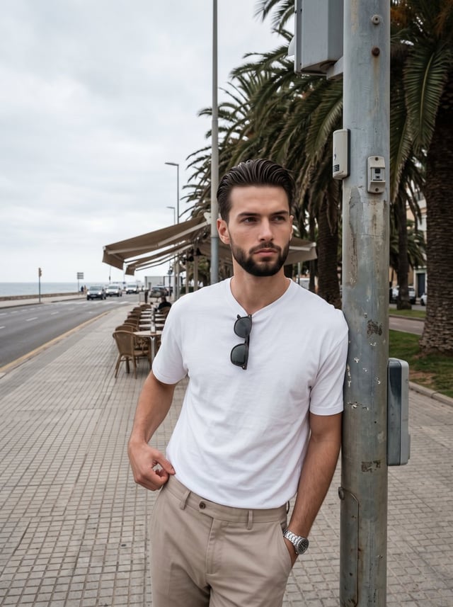 A young male adult stands asymmetrically placed with a serious, posed expression, his relaxed eyebro