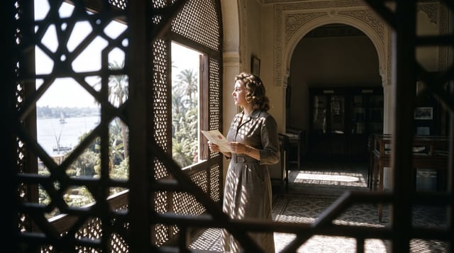 Shot through the intricate wooden mashrabiya screen in the foreground, Manial Palace overlooking the
