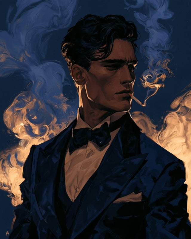 A Smoky Velvet Noir illustration of [Subject], where luxurious fabrics and cigarette smoke-filled ai