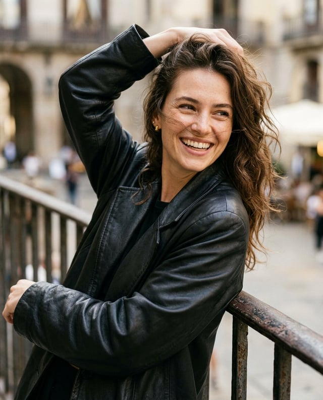 ultra-detailed cinematic close-up fashion portrait of a woman leaning casually against a metal raili