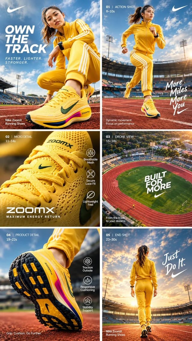 Create a cinematic, ultra-realistic Nike running shoe commercial featuring an athletic young woman w