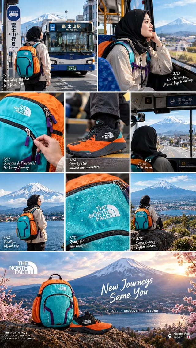 Create a cinematic, ultra-realistic outdoor travel advertisement featuring a young woman wearing a b