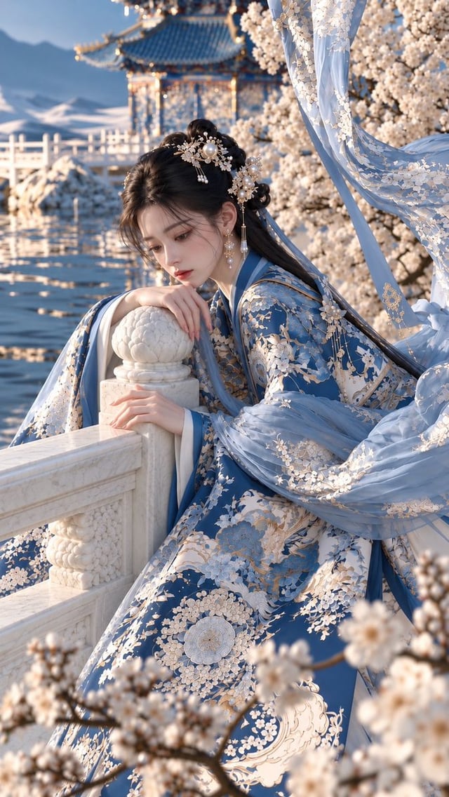 An extraordinarily beautiful 22-year-old Chinese noblewoman leaning melancholically against an exqui