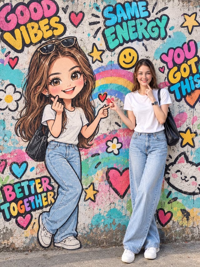 Ultra-Realistic Photography + Giant Cute Chibi Graffiti Mural Illusion