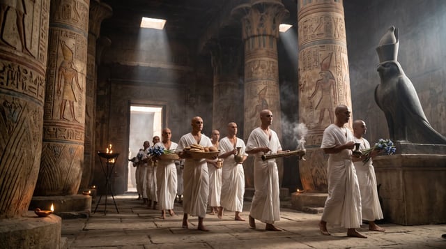 Cinematic realistic photograph, Ptolemaic Egypt, inside the Temple of Horus at Edfu. Egyptian priest