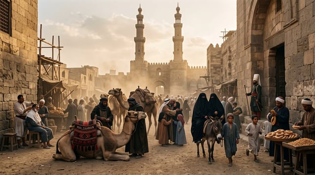 Ultra-realistic photograph, extra high resolution, 16:9. Cairo, circa 1795, outside the massive Fati