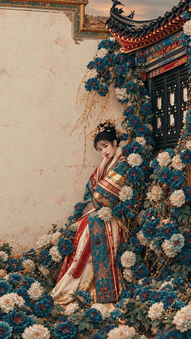 An exquisitely beautiful young Chinese noblewoman resting gracefully among cascading turquoise-blue 