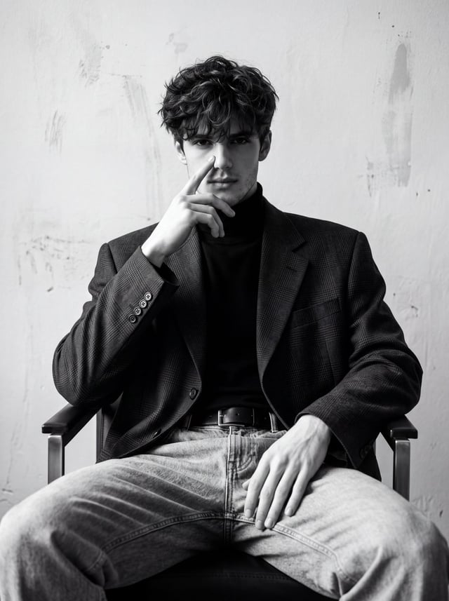 Create an ultra-realistic black-and-white editorial fashion portrait of a young man sitting confiden