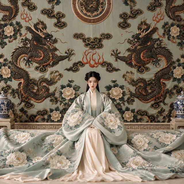 A masterful Chinese imperial portrait of a serene young noblewoman seated at the center of an ancien