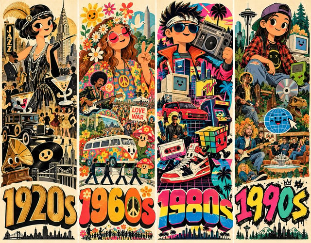Create ONE finished vertical illustrated poster about 1920s Jazz Age culture, 4:5 portrait, full ble