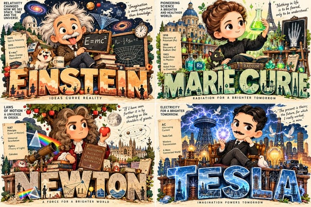 2x2 grid, 16:9, do this for 4 legendary scientists: 