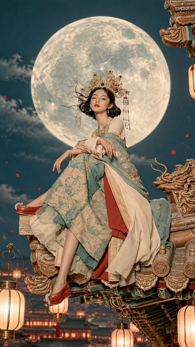 An ethereally beautiful young Chinese empress, seated gracefully upon the ornate roof of an ancient 