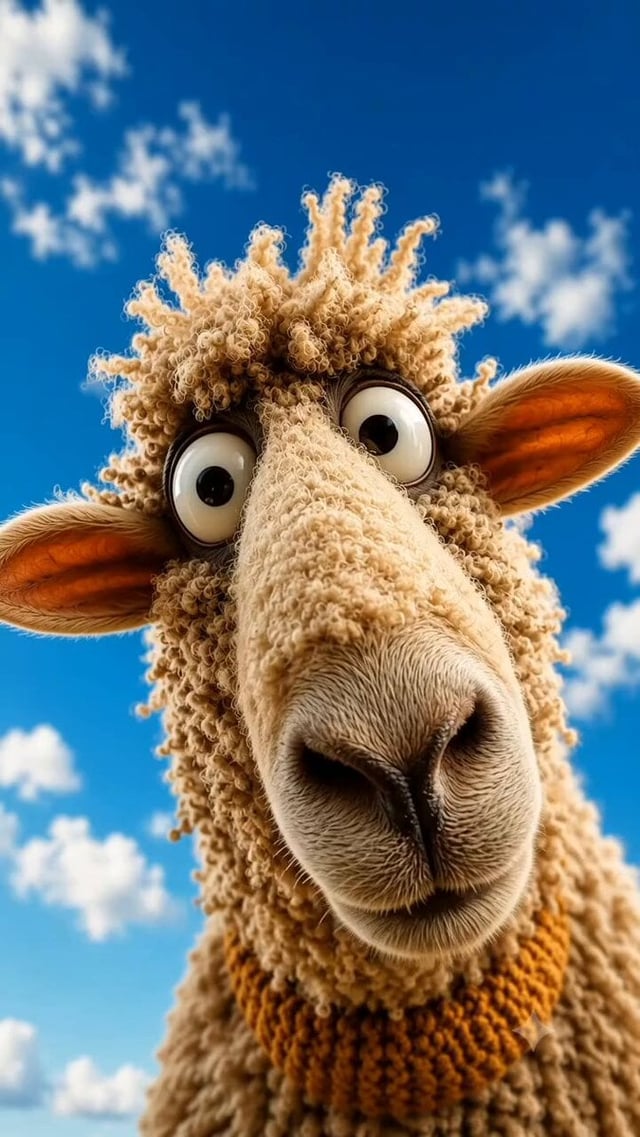 8-second ultra-realistic 3D cinematic close-up of a funny fluffy sheep ...