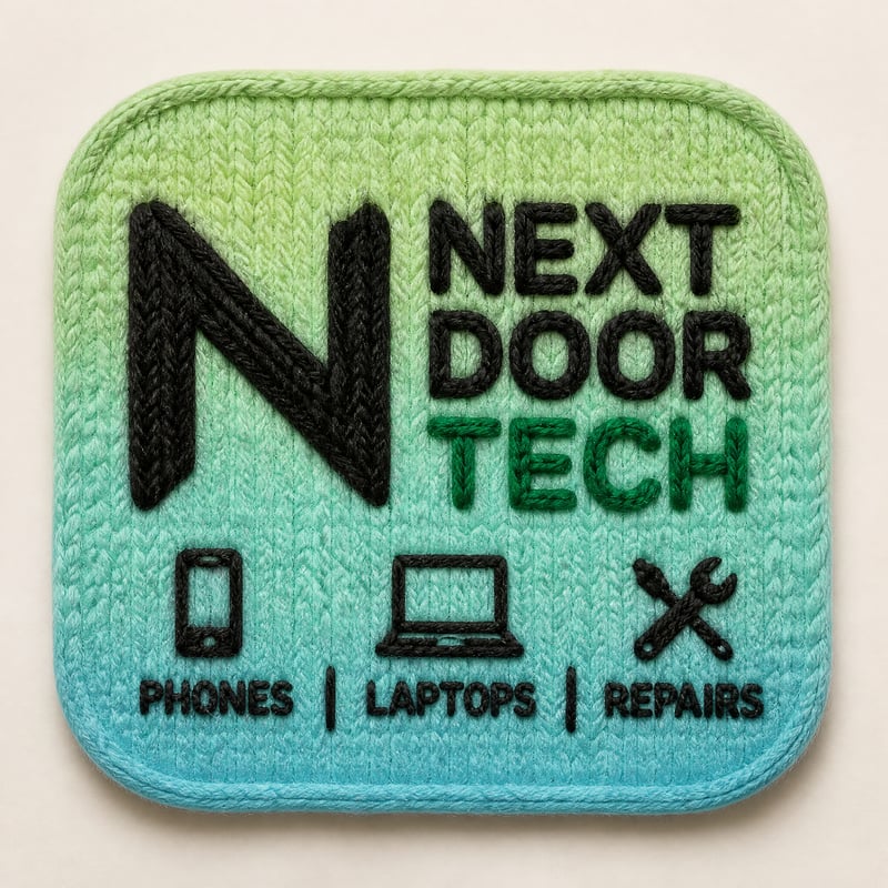 NEXT DOOR TECH logo made from thick knitted wool yarn, handcrafted textile design, soft colorful gradient yarn thread...