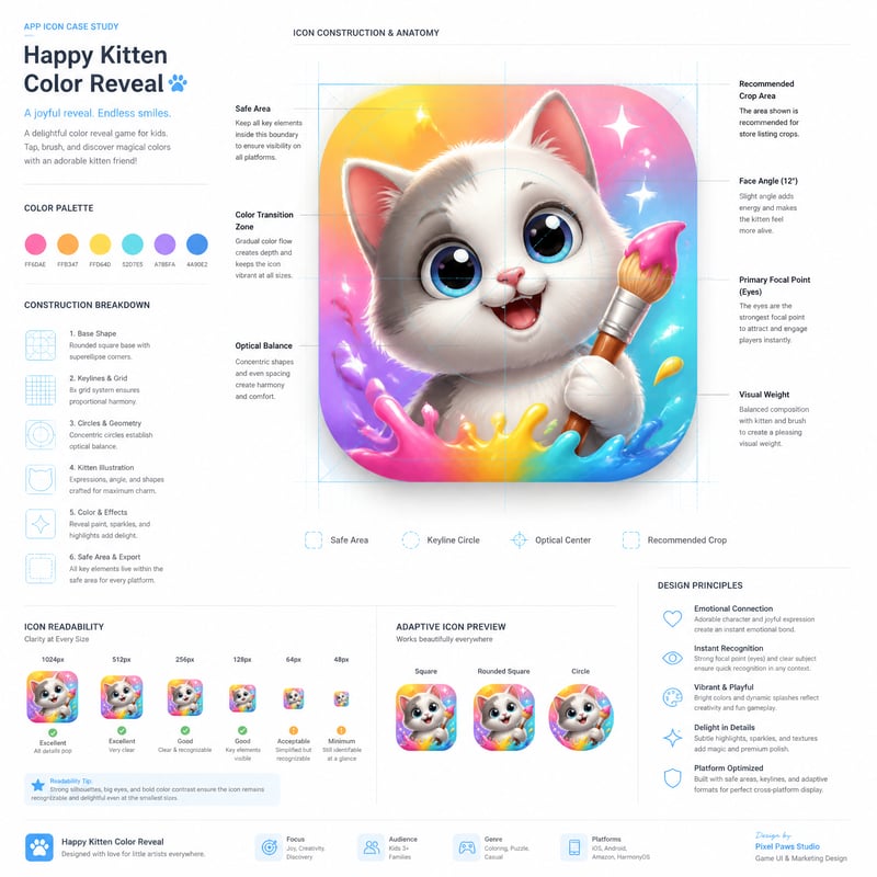 Create a premium app icon case study presentation for the "Happy Kitten Color Reveal" mobile game icon. Use a clean e...