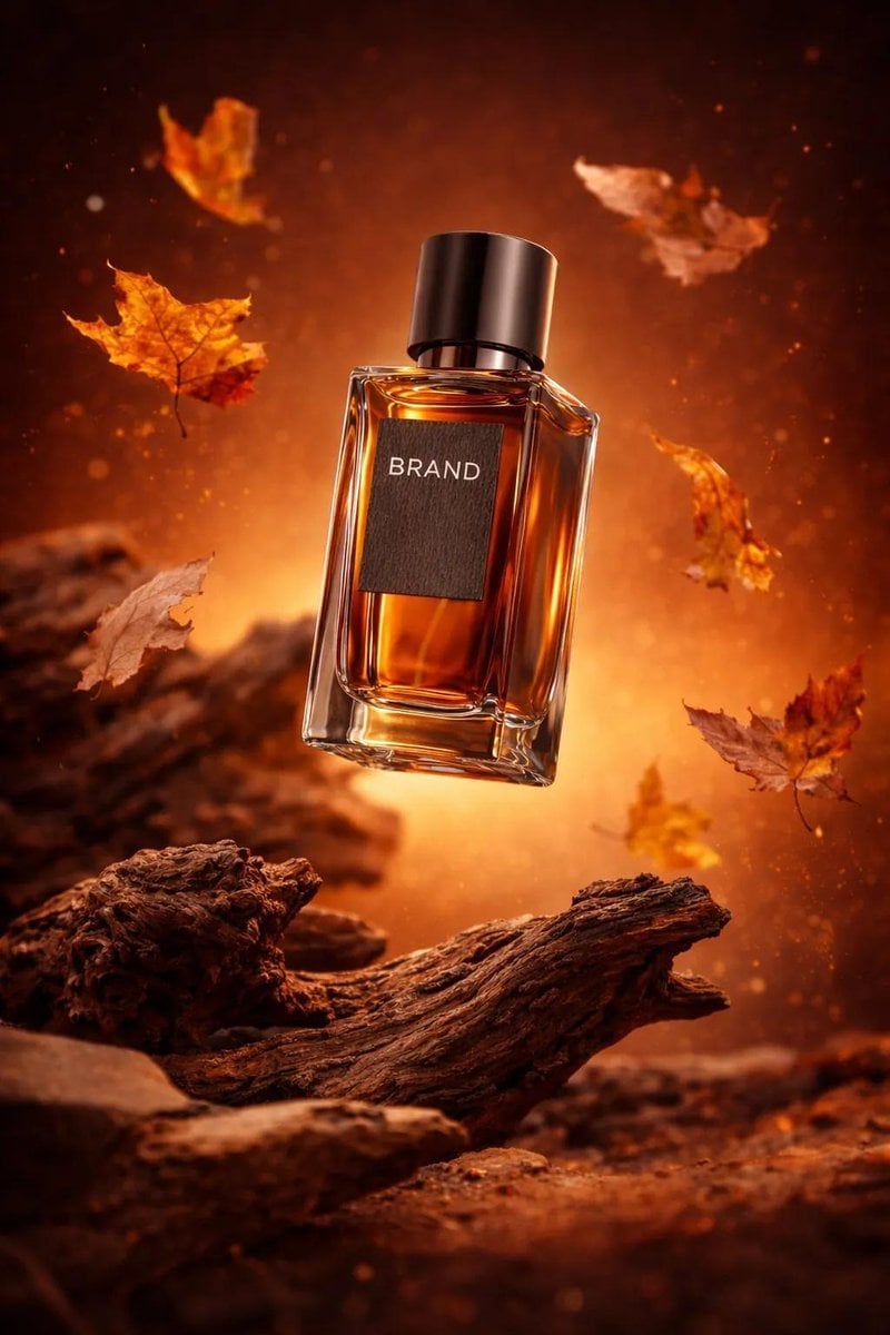 Ultra-realistic luxury perfume product shot (9: 16, 4K). A clear rectangular glass perfume bottle with warm amber liq...