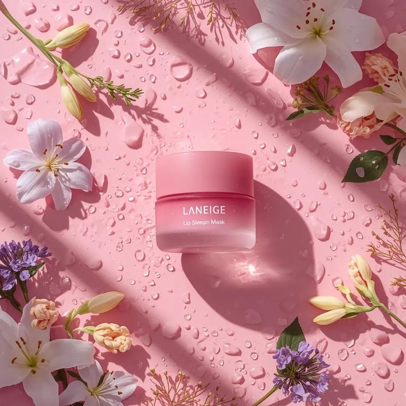 A hyper-realistic beauty product photograph of a pink [LANEIGE Lip Sleeping Mask] jar placed at the center of a vibra...