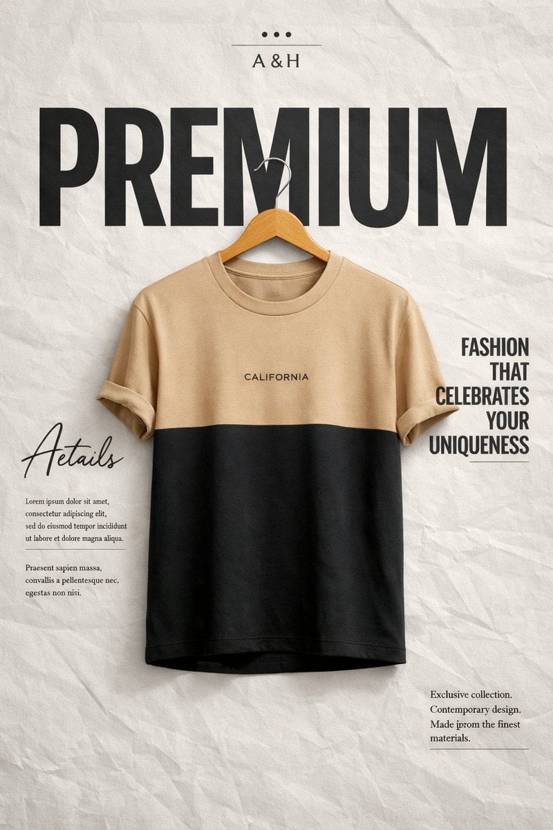 Create a high-end minimalist fashion advertisement poster. Background: light grey wrinkled paper poster texture with ...