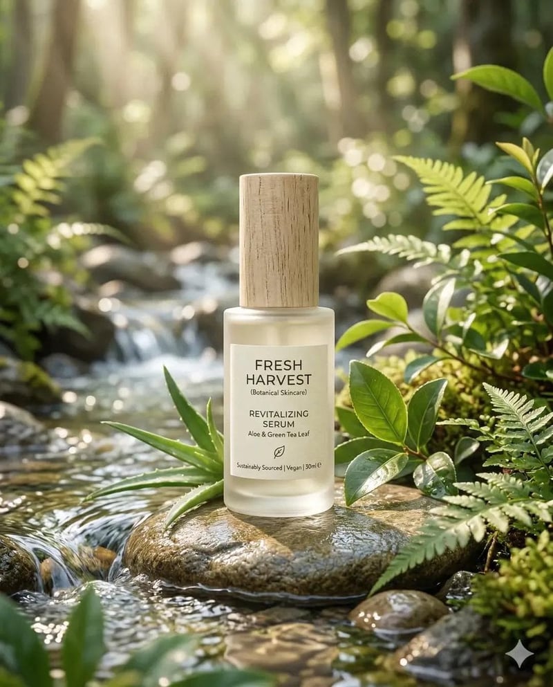 Eco-Friendly Skincare Product “Minimalist skincare bottle made of frosted glass, placed in a serene natural setting w...