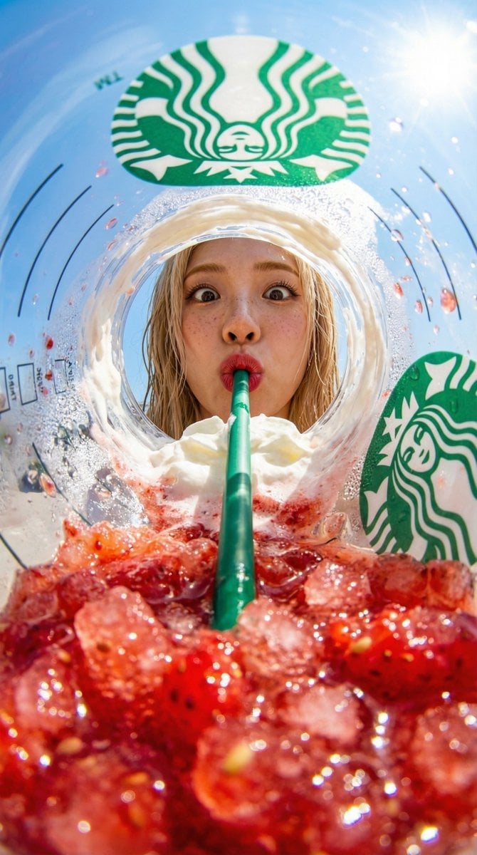 { "prompt": "View from inside a Starbucks strawberry frappuccino cup looking up, fisheye lens extreme distortion, wor...