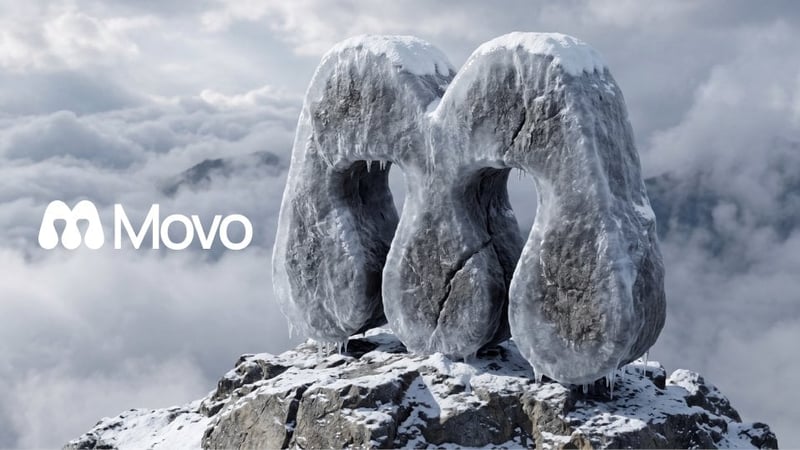 A hyper-realistic 3D render of a flat logo sculpted as a massive, frosted stone monument standing upright on the jagg...