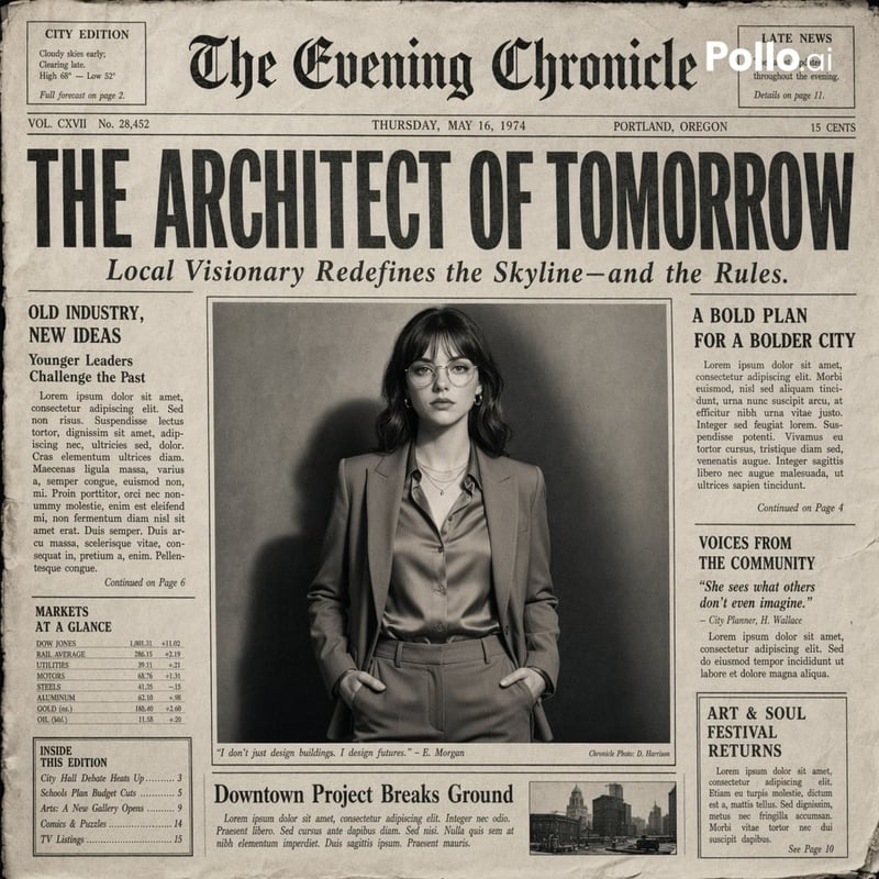 Create the most realistic front page design of a vintage newspaper featuring the main character. The layout should be...