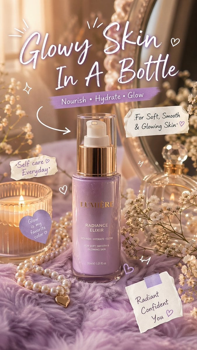 Luxury aesthetic skincare advertisement,soft pastel background, warm golden sunlight, dreamy soft focus, feminine van...