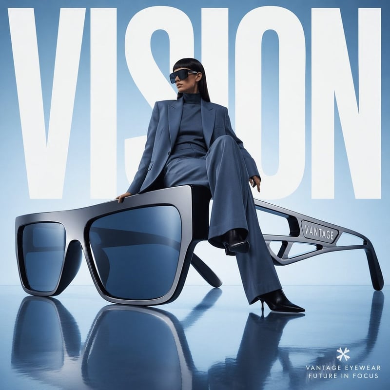 Avant-garde fashion advertisement, oversized futuristic sunglasses positioned like sculpture, model casually seated o...