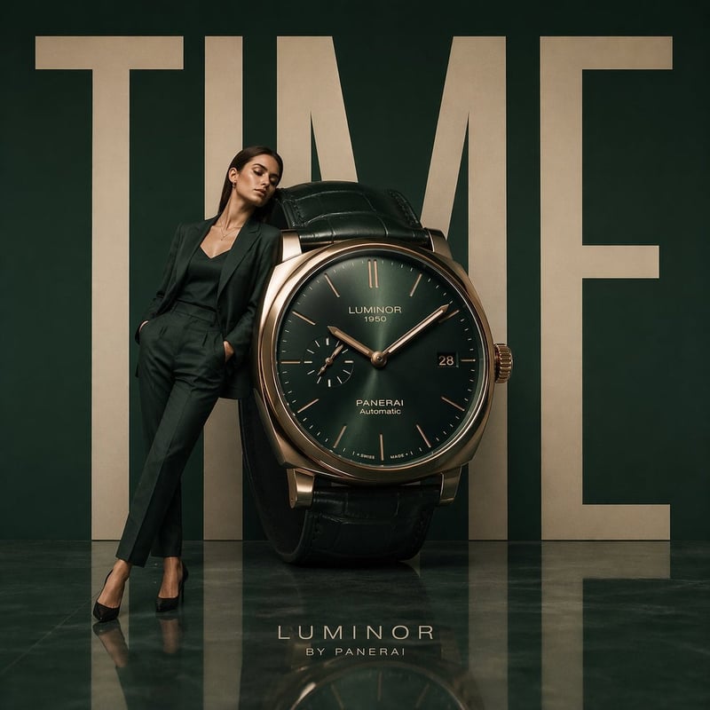Minimalist luxury watch campaign, oversized wristwatch positioned like modern sculpture, model leaning against the di...