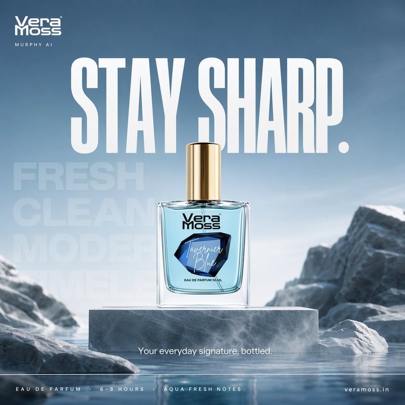 Hyper-realistic cinematic perfume billboard poster for Vera Moss Tavernier Blue Eau De Parfum, built around freshness...