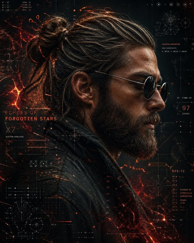 A cinematic side-profile portrait of a rugged man with a tied-back bun and full beard, wearing round dark sunglasses ...