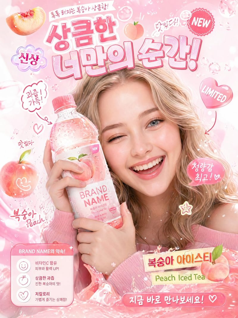 A high-quality, interactive Korean-style poster featuring a cheerful, expressive girl as the main character, hugging ...