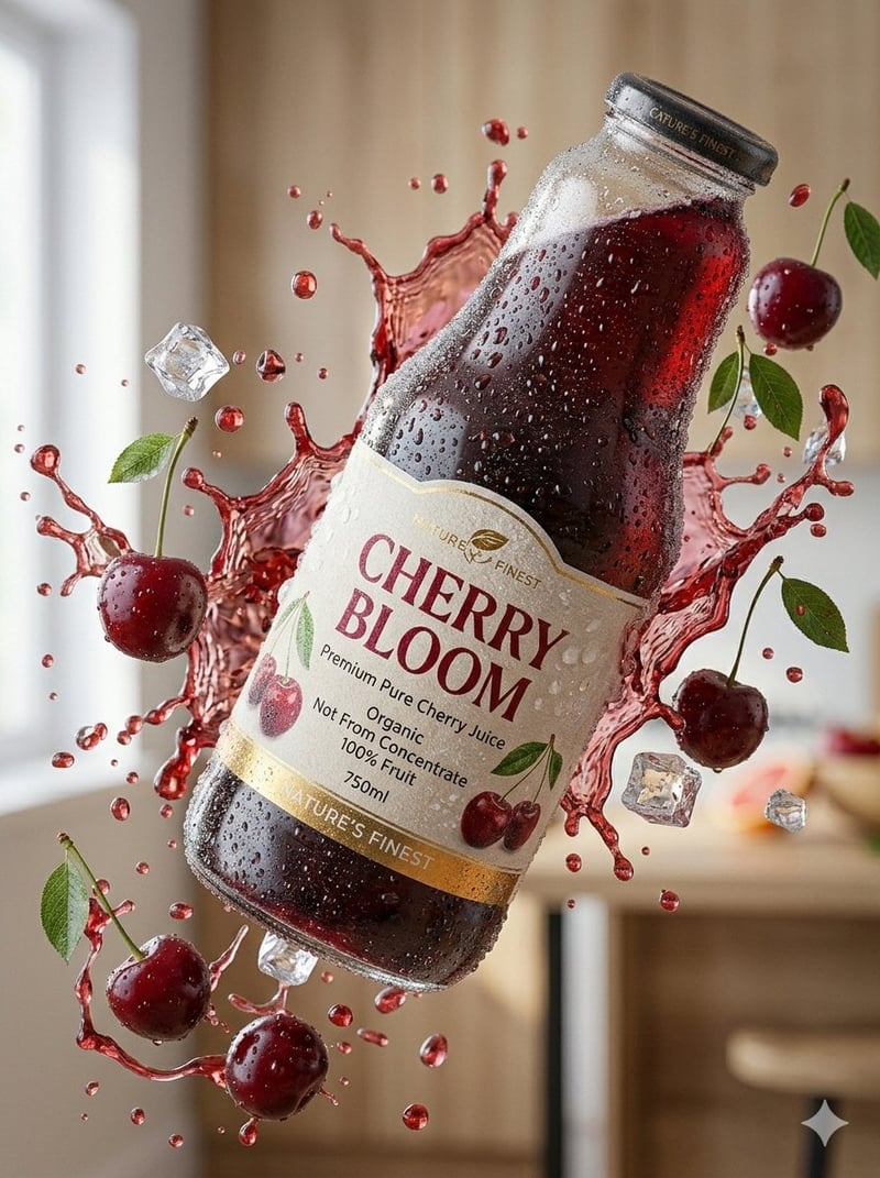Create an ultra-realistic 3D commercial-style product shot of a premium cherry juice bottle, suspended mid-air with i...