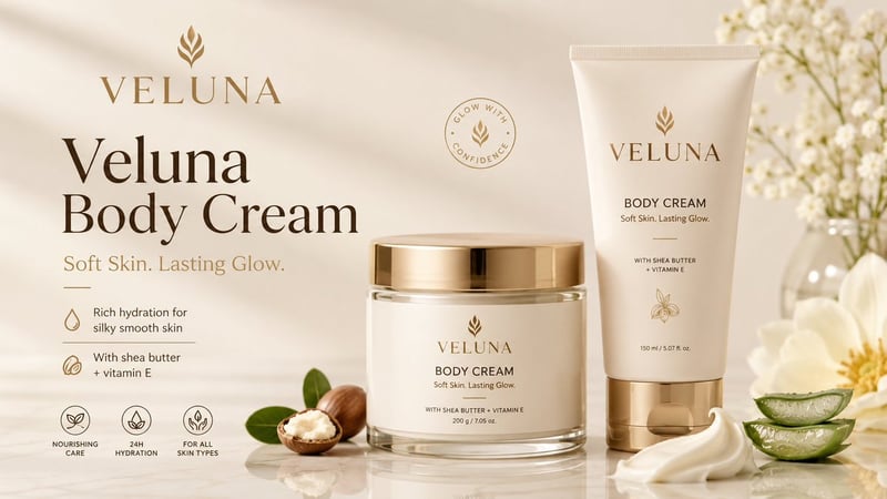 Create a premium clean mockup banner for a body cream product advertisement. Invent a catchy elegant skincare brand n...