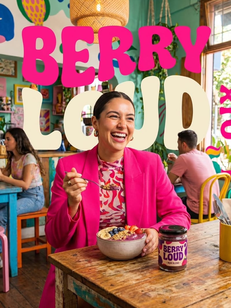 Vibrant lifestyle food advertisement, smiling woman in a bright hot pink blazer sitting inside a colorful trendy café...