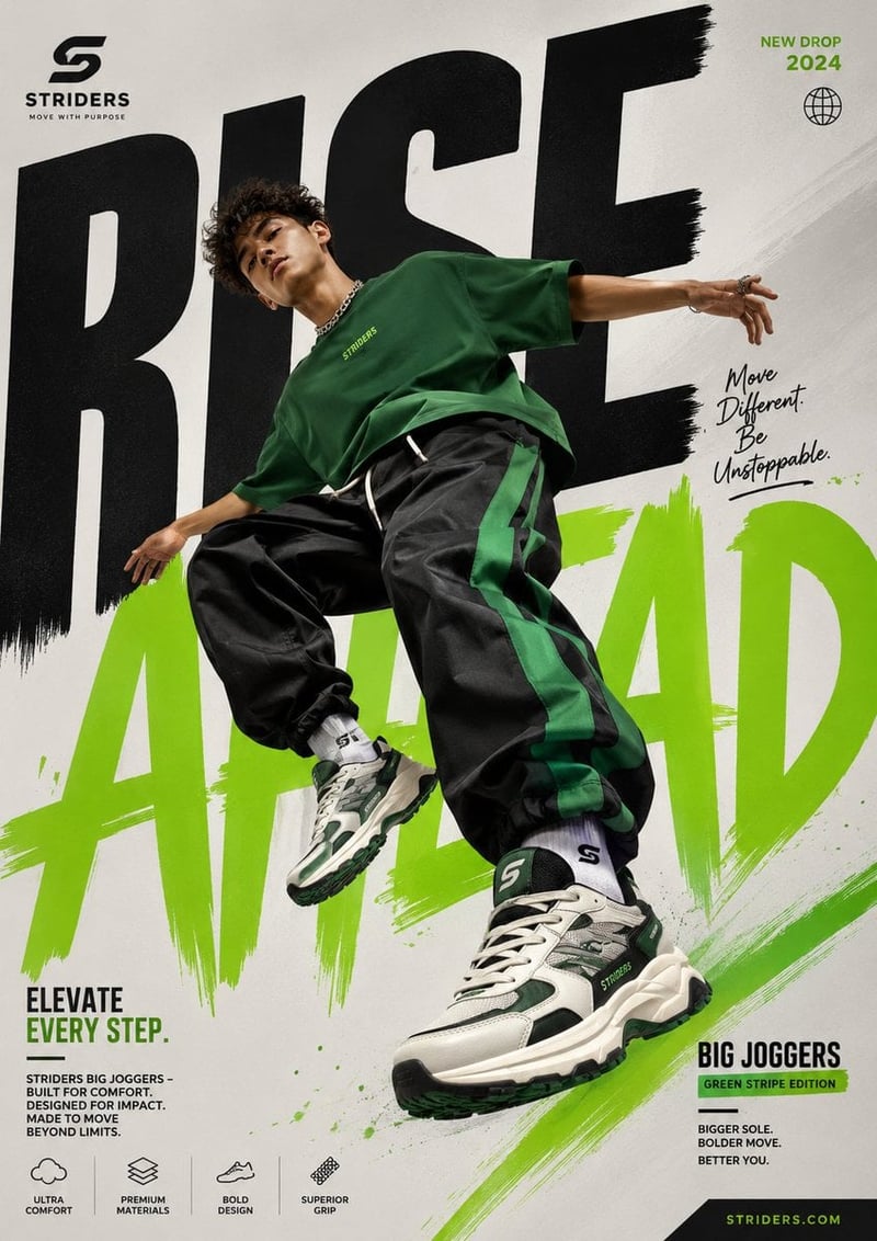 Generate a perfectly graphic designed poster of Shoe advertisement, The character should be in the Air with a pose th...