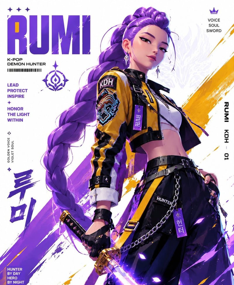Create a stylized illustration of Rumi from the anime series Kpop demon hunter Character Direction Analyze the charac...
